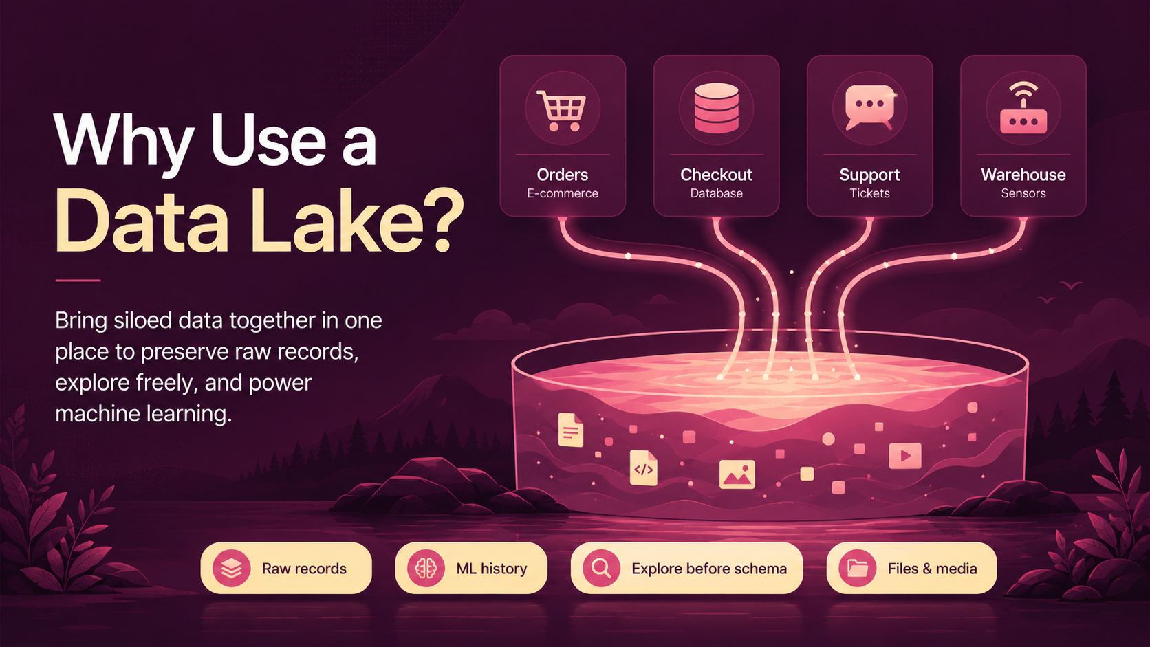 Data lake illustration showing e-commerce, database, support, and sensor data flowing into one centralized repository.