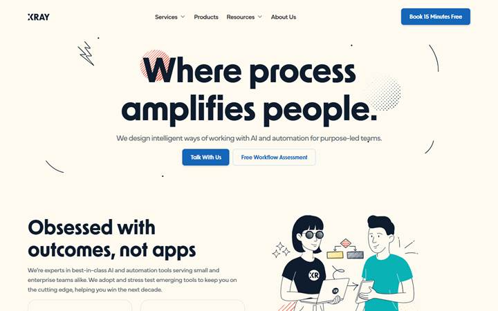 XRAY homepage with a Where process amplifies people headline, a Free Workflow Assessment button, and a team illustration.
